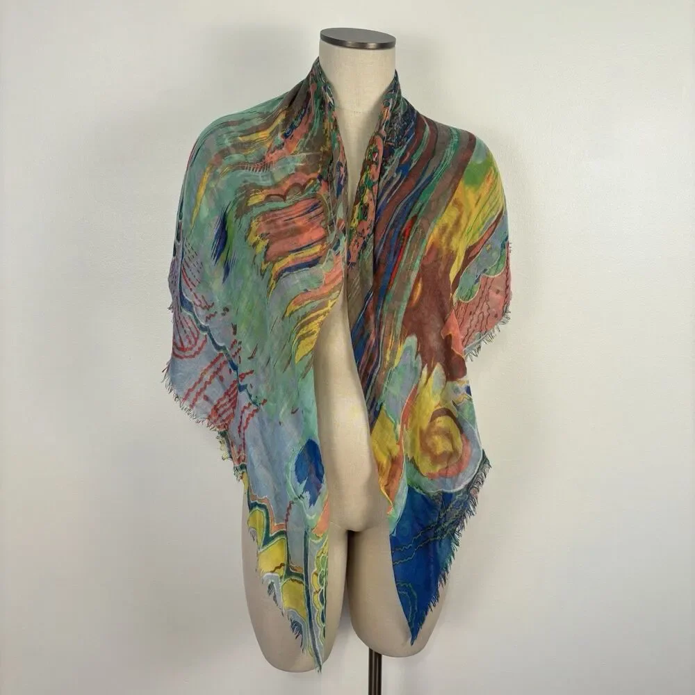 Vibrant Multi Color Paisley Abstract Scarf Large Square Lightweight Fringed